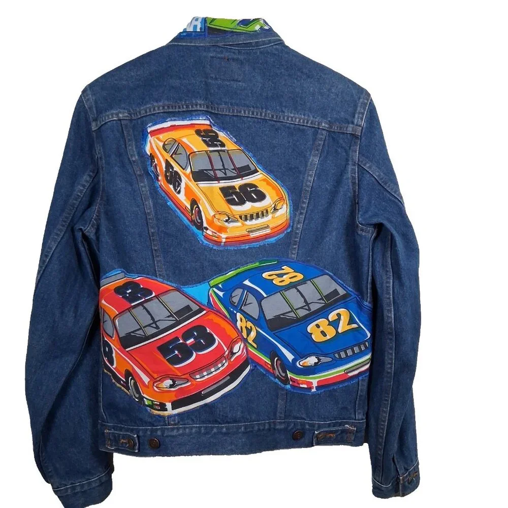 Reworked NASCAR Jean Jacket Size 40 Race Car Auto Racing Upcycled Denim - Picture 1 of 16